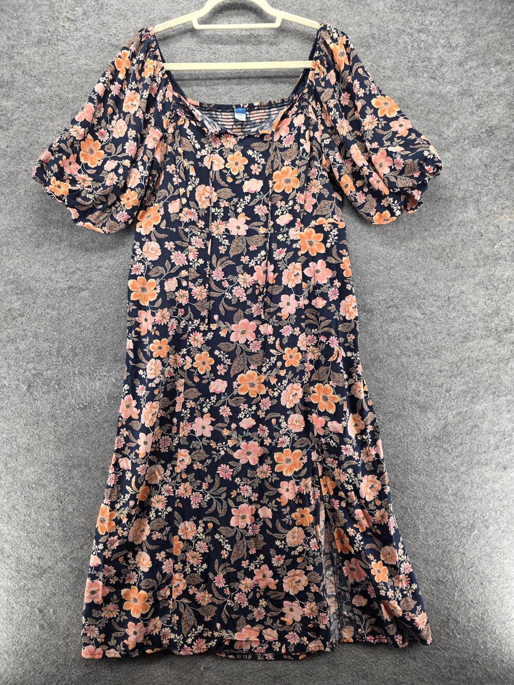 Old Navy Dress Womens L Blue Smocked Square Neck Puff Sleeve Floral Midi